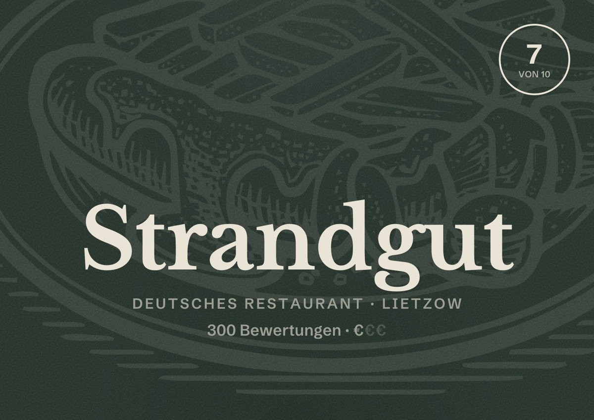 Illustriertes Poster von Strandgut, Deutsches Restaurant in Lietzow: Bewertung 7 von 10 aus 300 Bewertungen, Preisniveau €