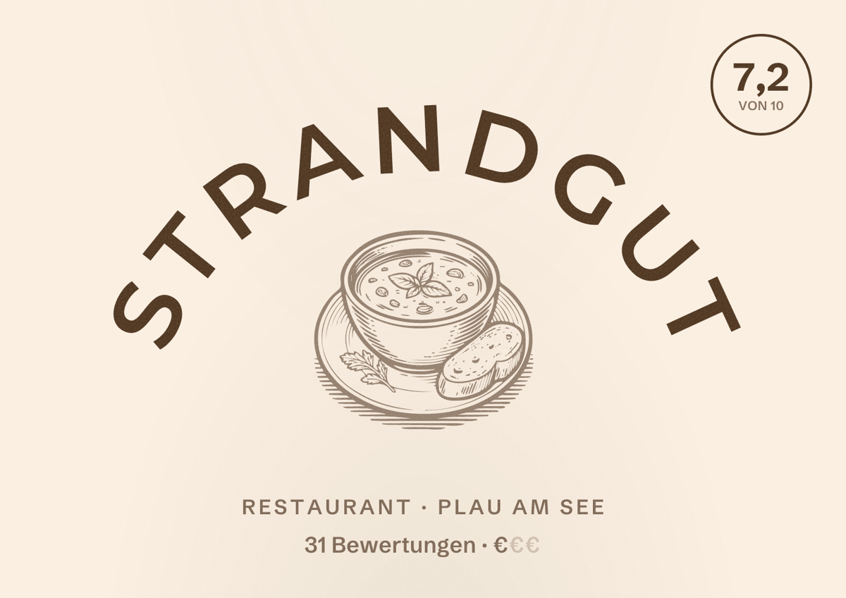 Illustriertes Poster von StrandGUT, Restaurant in Plau am See: Bewertung 7,2 von 10 aus 31 Bewertungen, Preisniveau €