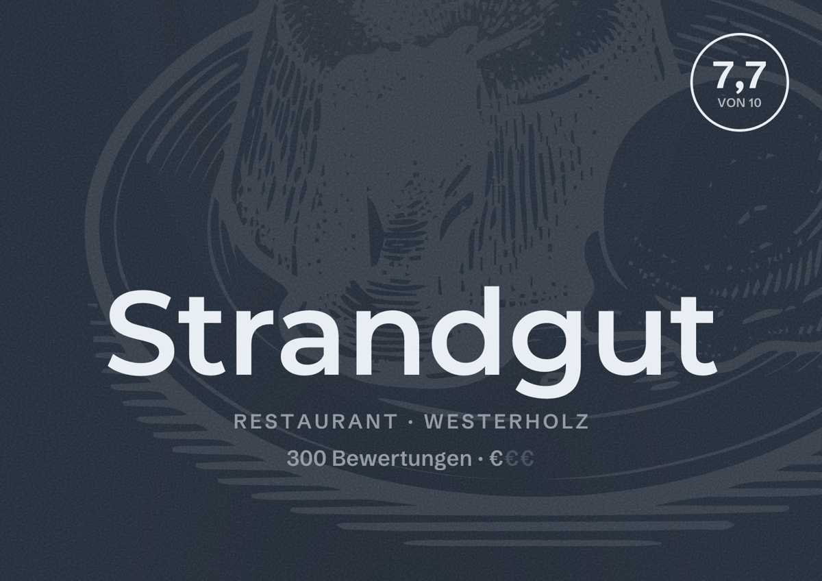 Illustriertes Poster von Strandgut, Restaurant in Westerholz: Bewertung 7,7 von 10 aus 300 Bewertungen, Preisniveau €