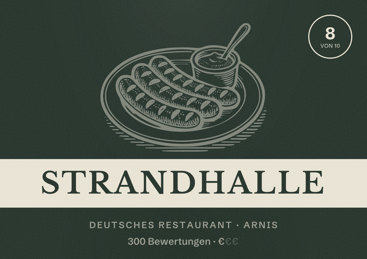 Illustriertes Poster von Strandhalle, Deutsches Restaurant in Arnis: Bewertung 8 von 10 aus 300 Bewertungen, Preisniveau €