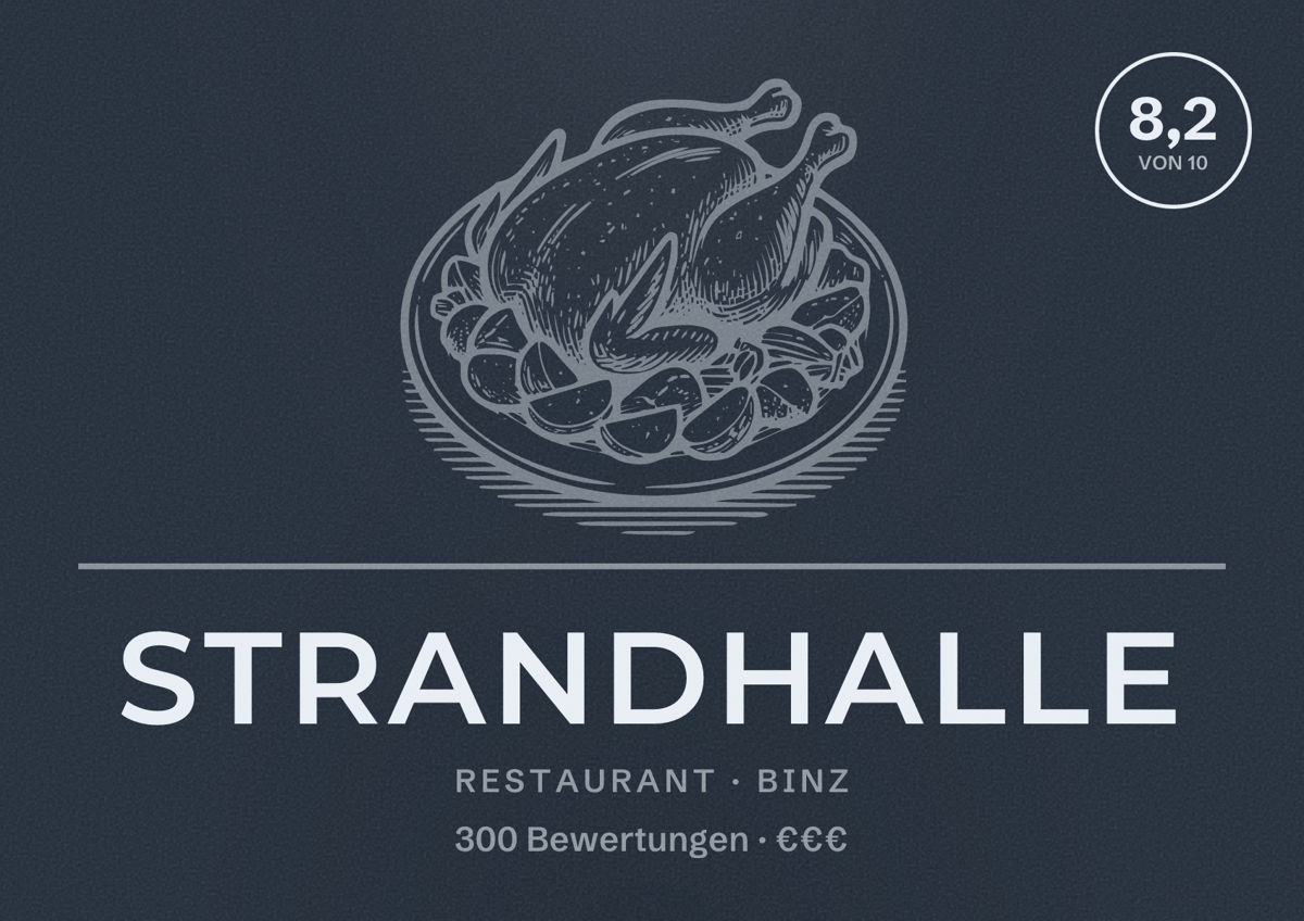 Illustriertes Poster von Strandhalle, Restaurant in Binz: Bewertung 8,2 von 10 aus 300 Bewertungen, Preisniveau €€€
