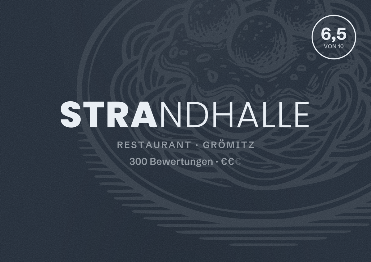 Illustriertes Poster von Strandhalle, Restaurant in Grömitz: Bewertung 6,5 von 10 aus 300 Bewertungen, Preisniveau €€