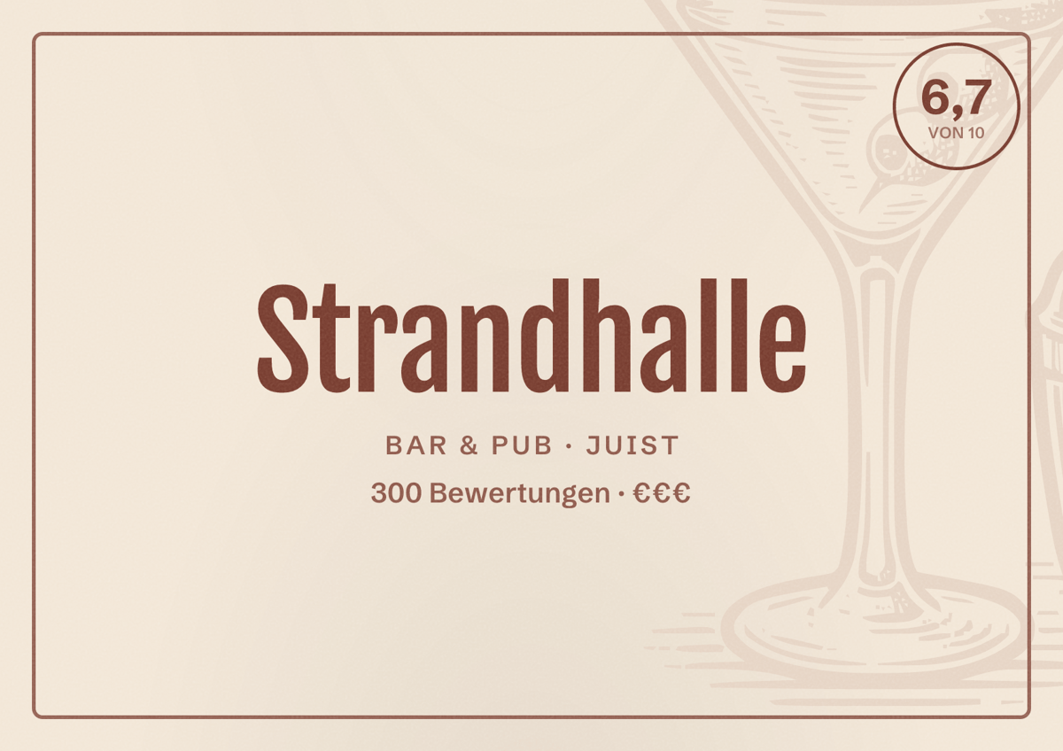 Illustriertes Poster von Strandhalle, Bar & Pub in Juist: Bewertung 6,7 von 10 aus 300 Bewertungen, Preisniveau €€€