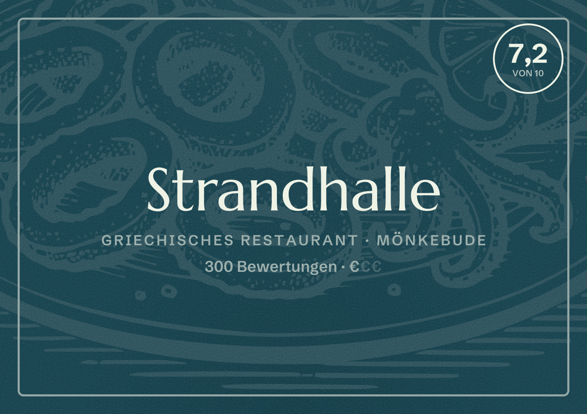 Illustriertes Poster von Strandhalle, Griechisches Restaurant in Mönkebude: Bewertung 7,2 von 10 aus 300 Bewertungen, Preisniveau €