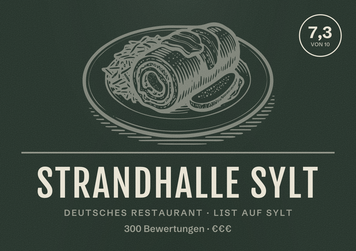 Illustriertes Poster von Strandhalle Sylt, Deutsches Restaurant in List auf Sylt: Bewertung 7,3 von 10 aus 300 Bewertungen, Preisniveau €€€