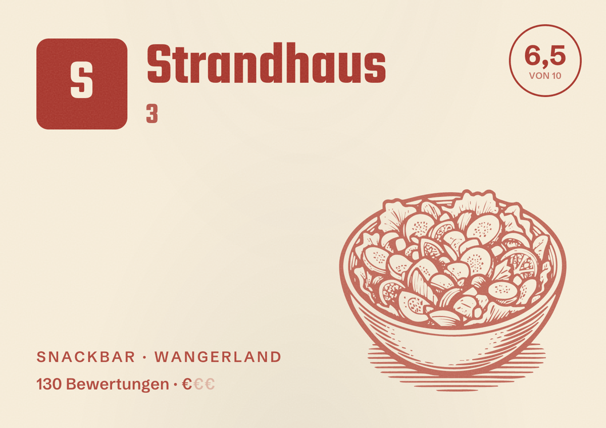 Illustriertes Poster von Strandhaus 3, Snackbar in Wangerland: Bewertung 6,5 von 10 aus 130 Bewertungen, Preisniveau €