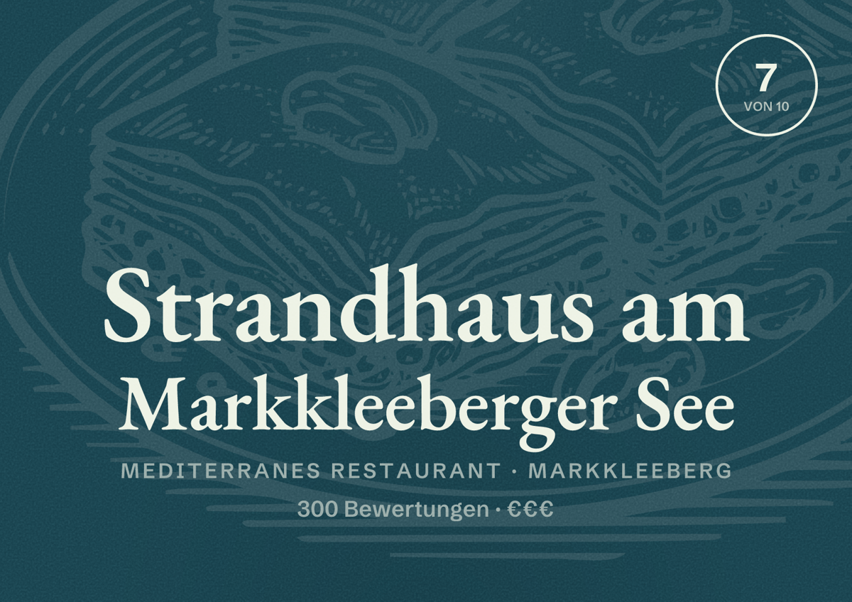 Illustriertes Poster von Strandhaus am Markkleeberger See, Mediterranes Restaurant in Markkleeberg: Bewertung 7 von 10 aus 300 Bewertungen, Preisniveau €€€