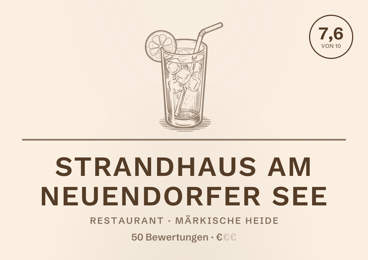 Illustriertes Poster von Strandhaus am Neuendorfer See, Restaurant in Märkische Heide: Bewertung 7,6 von 10 aus 50 Bewertungen, Preisniveau €