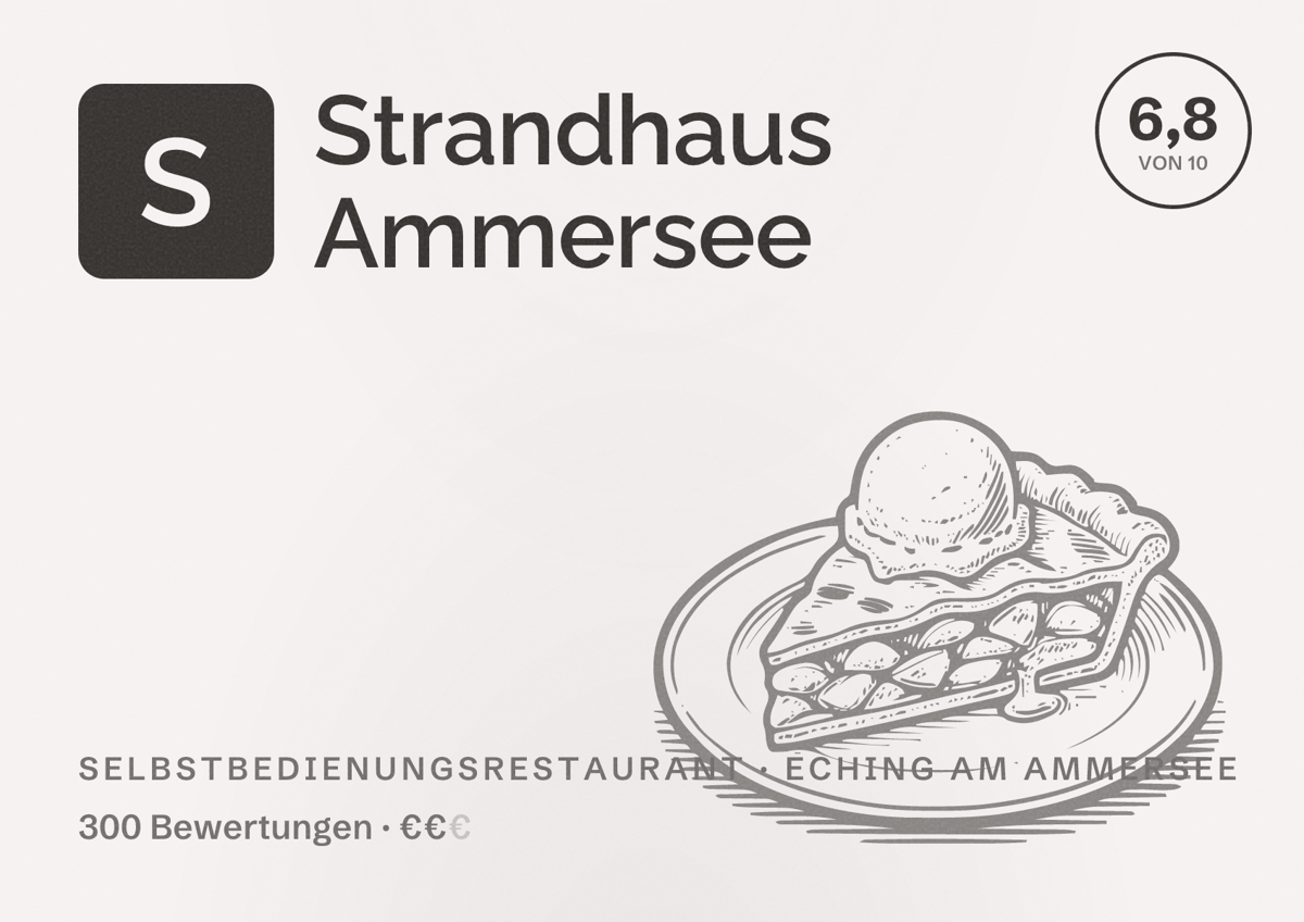 Illustriertes Poster von Strandhaus Ammersee, Selbstbedienungsrestaurant in Eching am Ammersee: Bewertung 6,8 von 10 aus 300 Bewertungen, Preisniveau €€