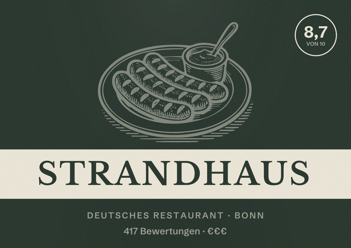 Illustriertes Poster von Strandhaus, Deutsches Restaurant in Bonn: Bewertung 8,7 von 10 aus 417 Bewertungen, Preisniveau €€€
