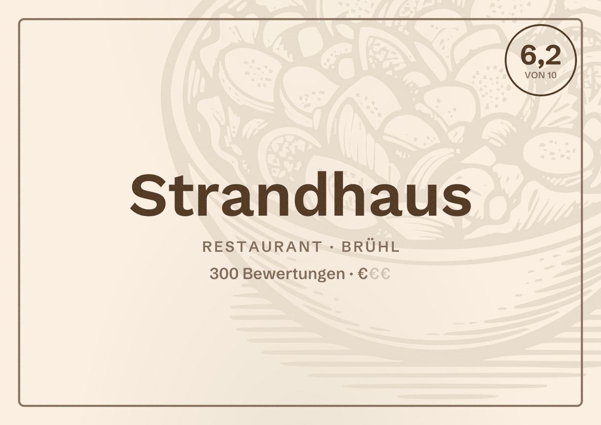 Illustriertes Poster von Strandhaus, Restaurant in Brühl: Bewertung 6,2 von 10 aus 300 Bewertungen, Preisniveau €