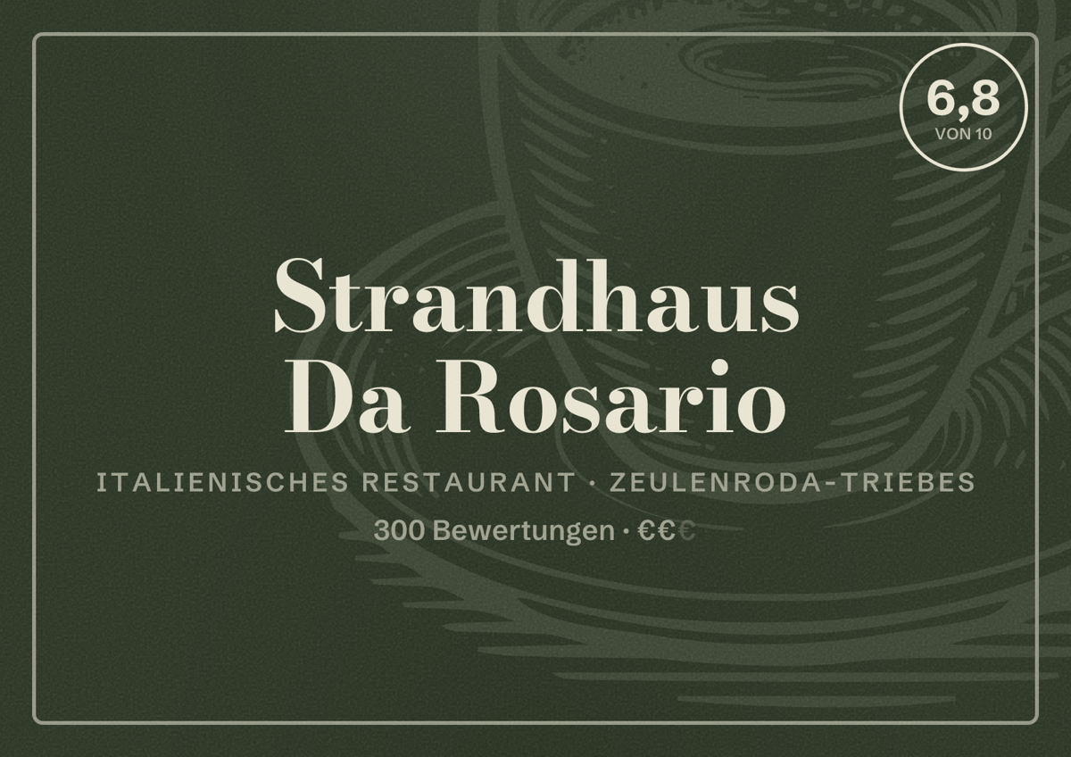 Illustriertes Poster von Strandhaus Da Rosario, Italienisches Restaurant in Zeulenroda-Triebes: Bewertung 6,8 von 10 aus 300 Bewertungen, Preisniveau €€