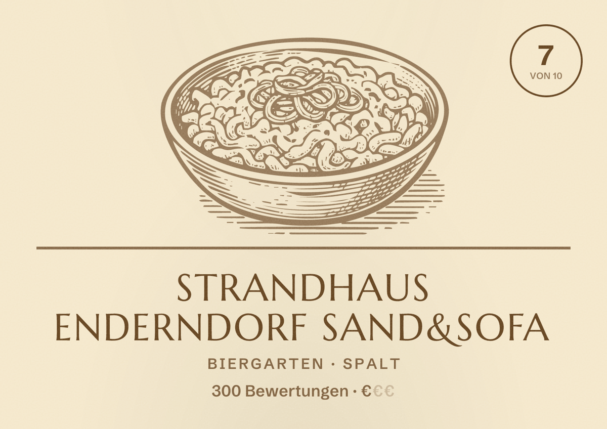 Illustriertes Poster von Strandhaus Enderndorf Sand&Sofa, Biergarten in Spalt: Bewertung 7 von 10 aus 300 Bewertungen, Preisniveau €
