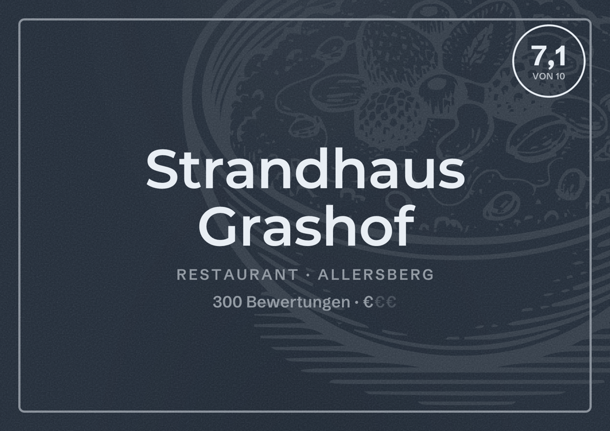 Illustriertes Poster von Strandhaus Grashof, Restaurant in Allersberg: Bewertung 7,1 von 10 aus 300 Bewertungen, Preisniveau €
