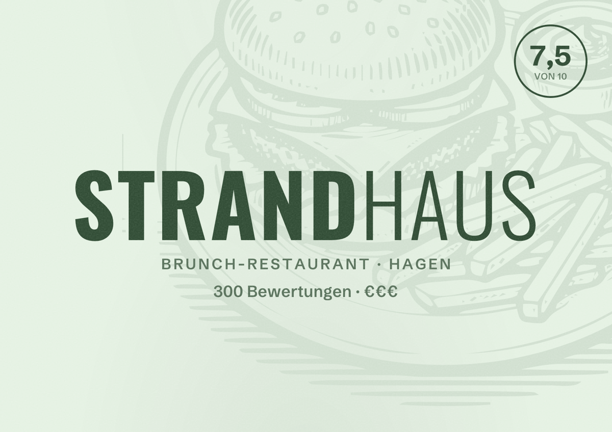 Illustriertes Poster von Strandhaus, Brunch-Restaurant in Hagen: Bewertung 7,5 von 10 aus 300 Bewertungen, Preisniveau €€€