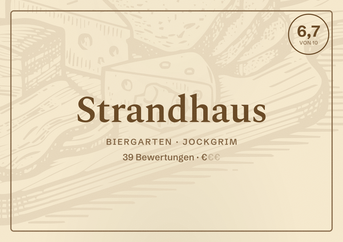 Illustriertes Poster von Strandhaus, Biergarten in Jockgrim: Bewertung 6,7 von 10 aus 39 Bewertungen, Preisniveau €