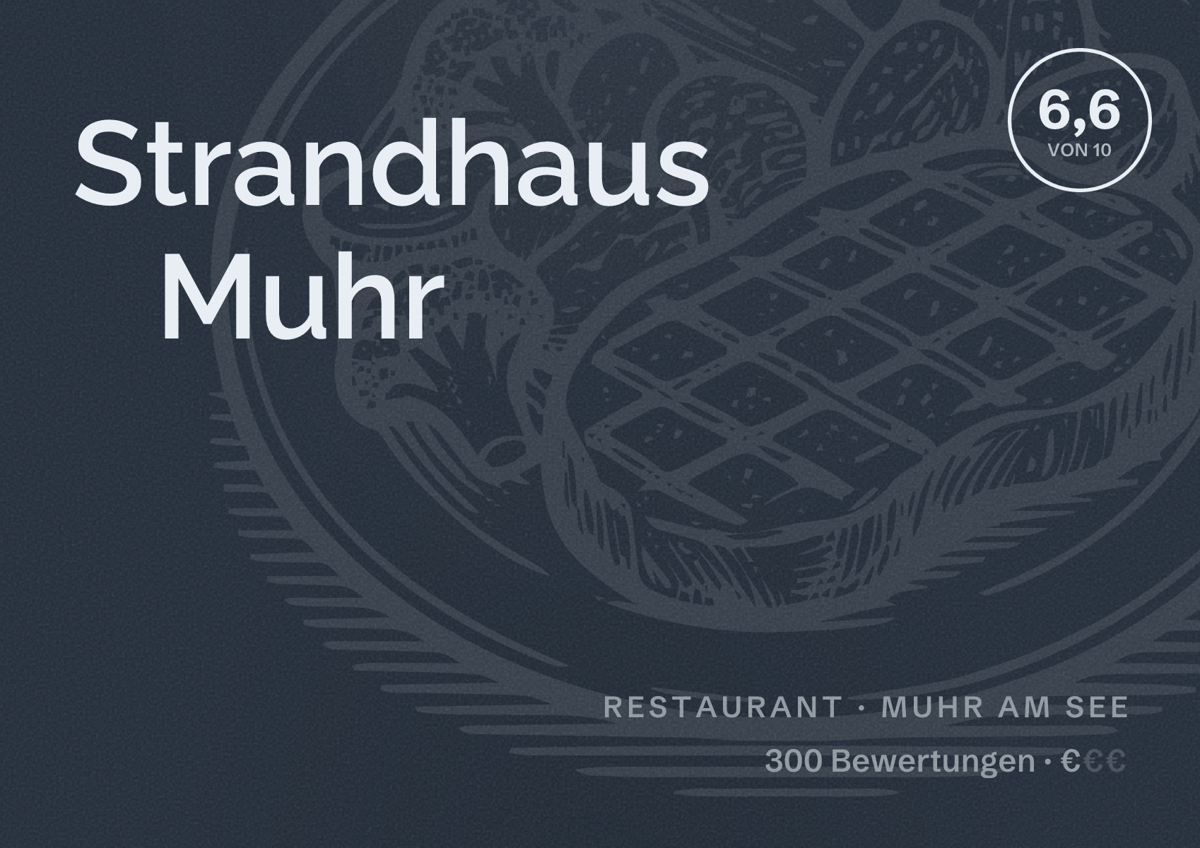 Illustriertes Poster von Strandhaus Muhr, Restaurant in Muhr am See: Bewertung 6,6 von 10 aus 300 Bewertungen, Preisniveau €