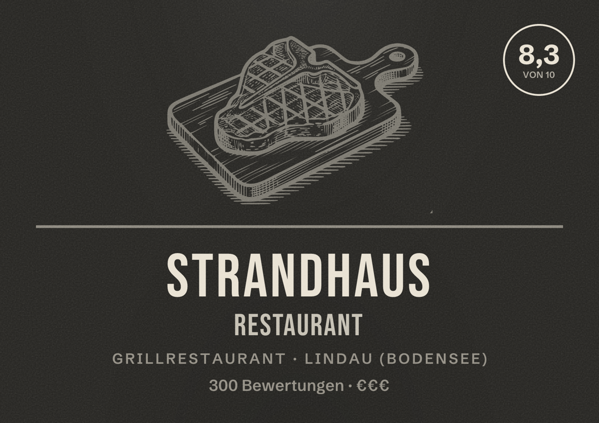 Illustriertes Poster von Strandhaus Restaurant, Grillrestaurant in Lindau (Bodensee): Bewertung 8,3 von 10 aus 300 Bewertungen, Preisniveau €€€