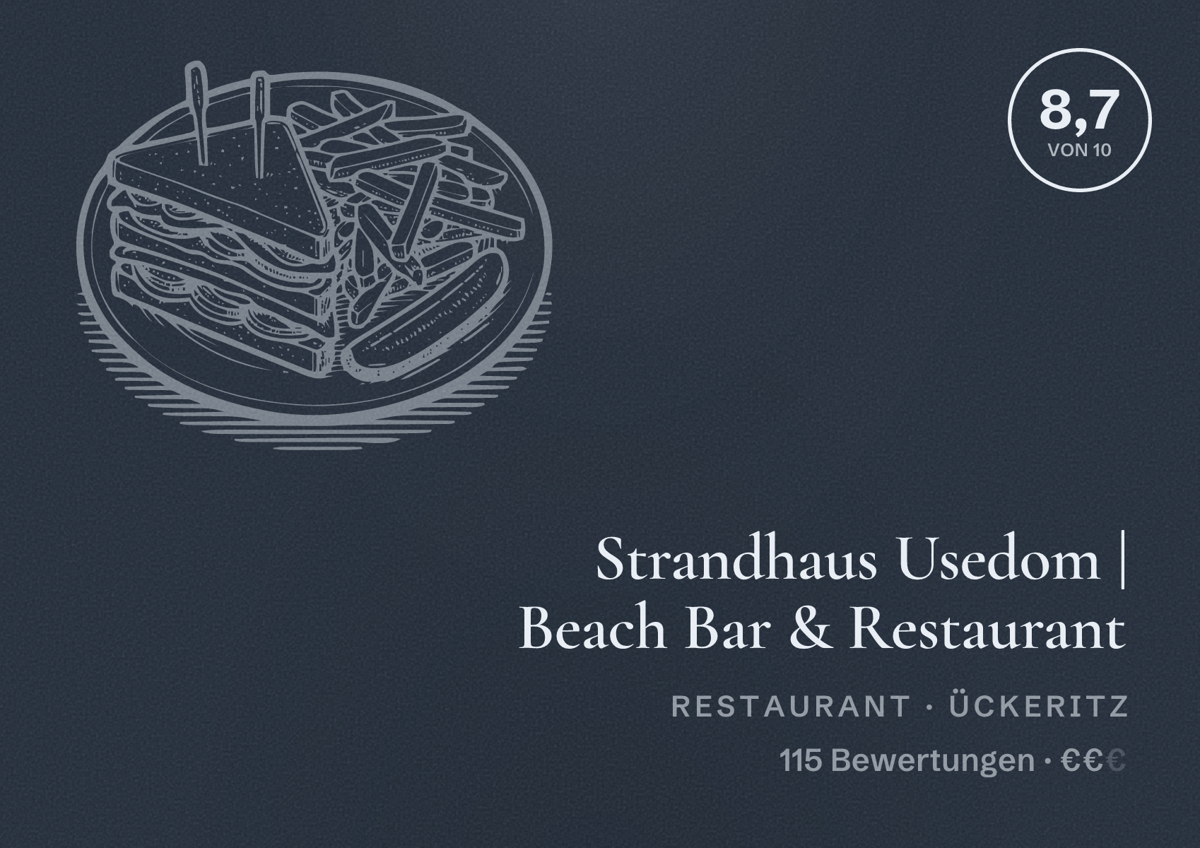 Illustriertes Poster von Strandhaus Usedom | Beach Bar & Restaurant, Restaurant in Ückeritz: Bewertung 8,7 von 10 aus 115 Bewertungen, Preisniveau €€