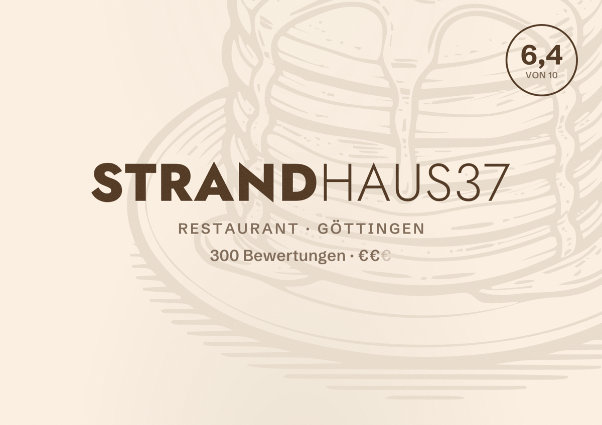 Illustriertes Poster von Strandhaus37, Restaurant in Göttingen: Bewertung 6,4 von 10 aus 300 Bewertungen, Preisniveau €€