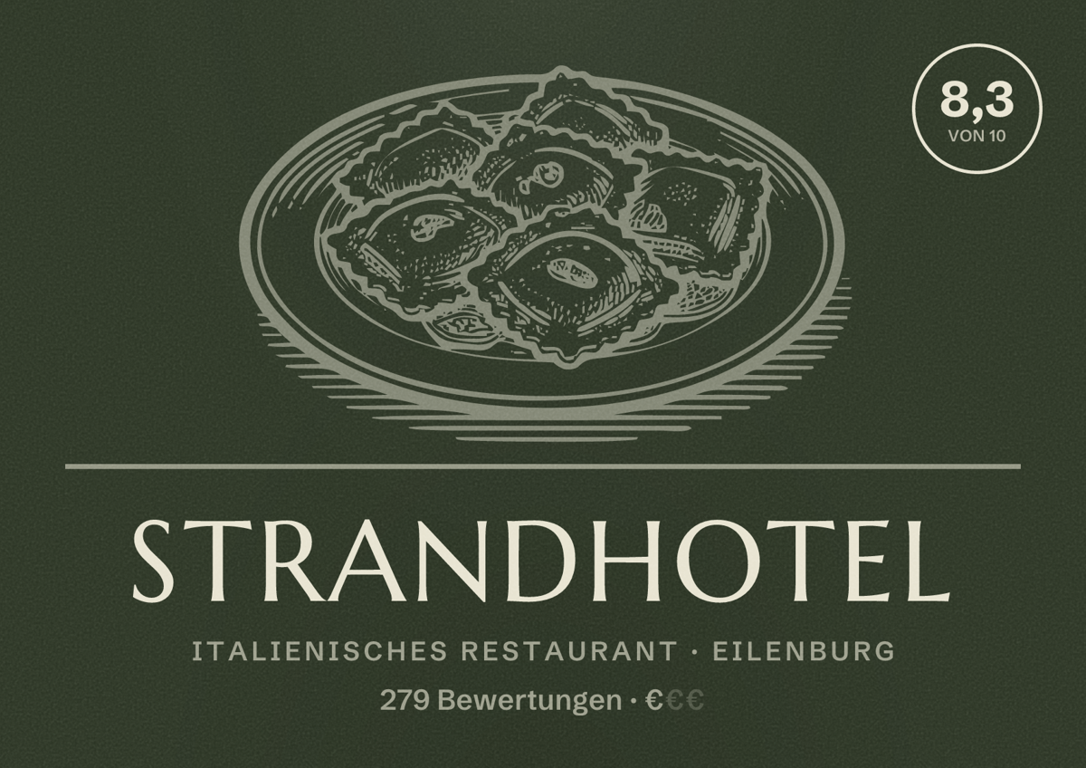 Illustriertes Poster von Strandhotel, Italienisches Restaurant in Eilenburg: Bewertung 8,3 von 10 aus 279 Bewertungen, Preisniveau €