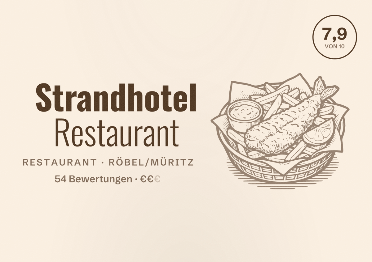 Illustriertes Poster von Strandhotel Restaurant, Restaurant in Röbel/Müritz: Bewertung 7,9 von 10 aus 54 Bewertungen, Preisniveau €€