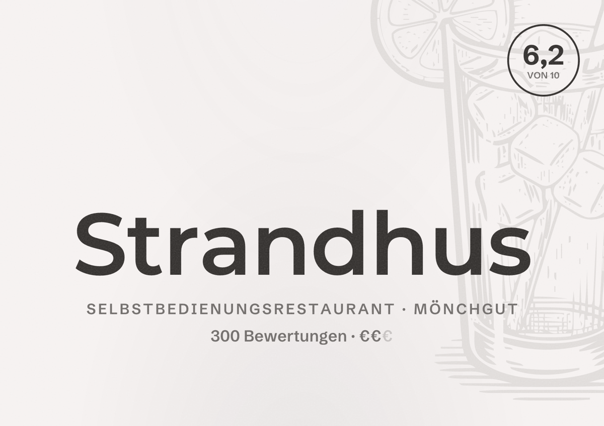 Illustriertes Poster von Strandhus, Selbstbedienungsrestaurant in Mönchgut: Bewertung 6,2 von 10 aus 300 Bewertungen, Preisniveau €€