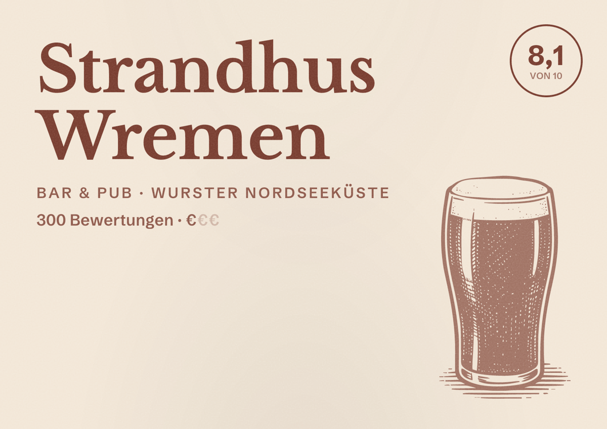 Illustriertes Poster von Strandhus Wremen, Bar & Pub in Wurster Nordseeküste: Bewertung 8,1 von 10 aus 300 Bewertungen, Preisniveau €
