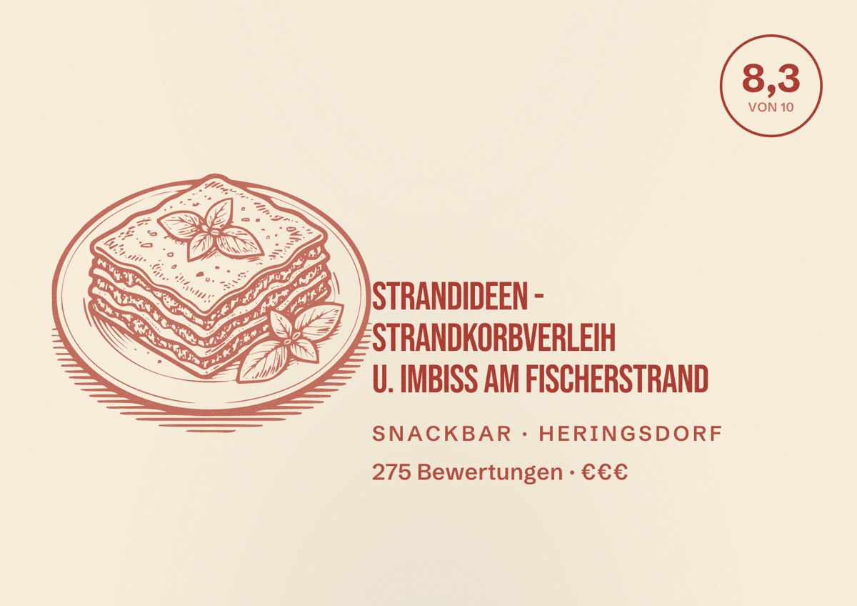 Illustriertes Poster von STRANDIDEEN - Strandkorbverleih u. Imbiss am Fischerstrand, Snackbar in Heringsdorf: Bewertung 8,3 von 10 aus 275 Bewertungen, Preisniveau €€€