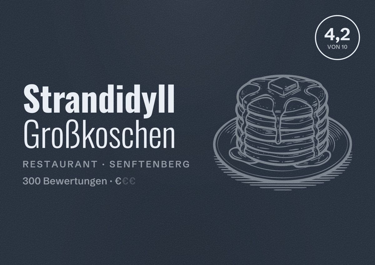 Illustriertes Poster von Strandidyll Großkoschen, Restaurant in Senftenberg: Bewertung 4,2 von 10 aus 300 Bewertungen, Preisniveau €