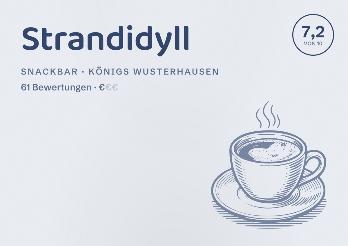Illustriertes Poster von Strandidyll, Snackbar in Königs Wusterhausen: Bewertung 7,2 von 10 aus 61 Bewertungen, Preisniveau €