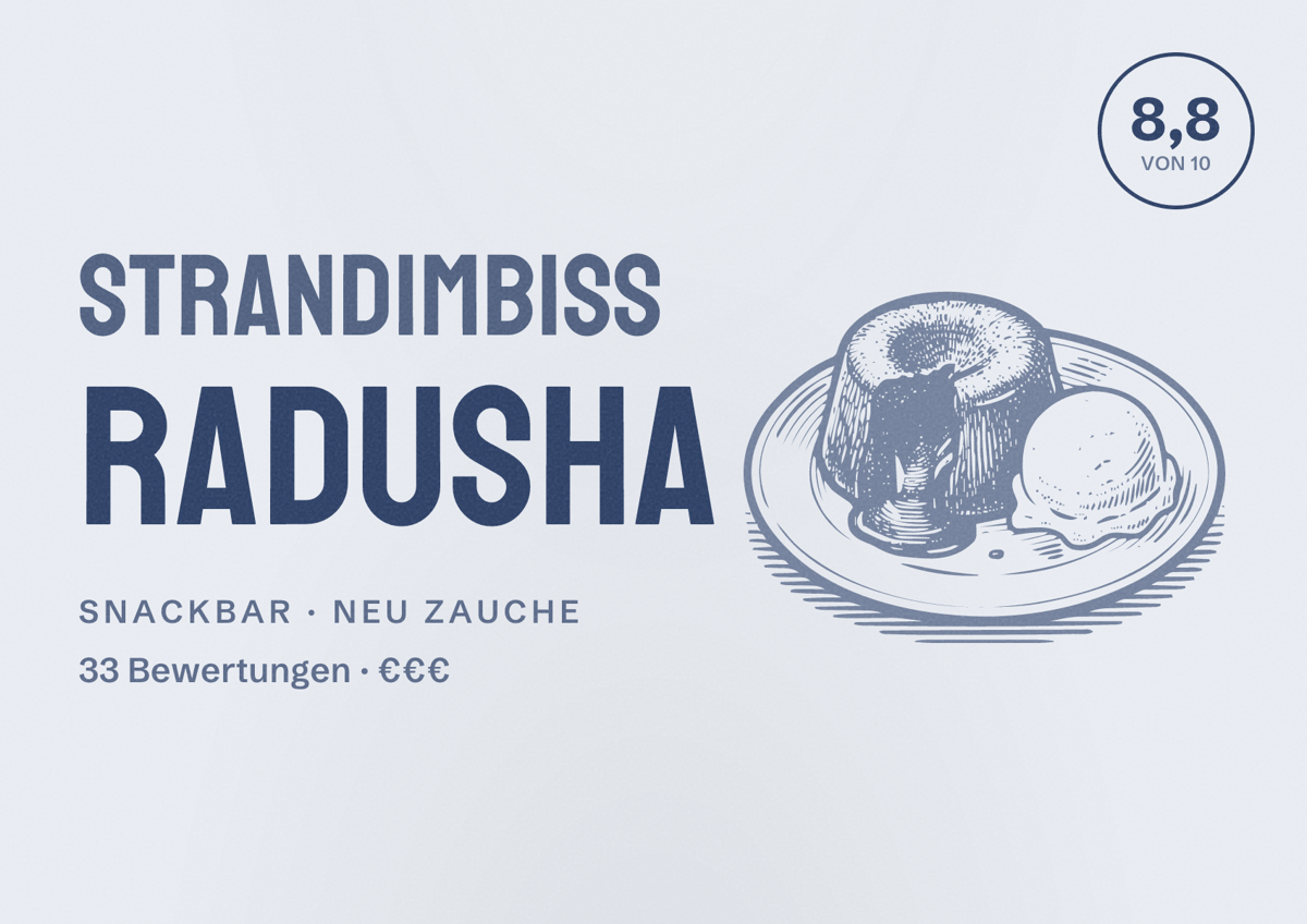 Illustriertes Poster von Strandimbiss Radusha, Snackbar in Neu Zauche: Bewertung 8,8 von 10 aus 33 Bewertungen, Preisniveau €€€