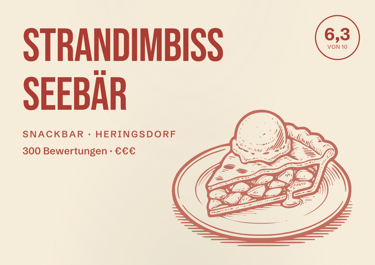 Illustriertes Poster von Strandimbiss Seebär, Snackbar in Heringsdorf: Bewertung 6,3 von 10 aus 300 Bewertungen, Preisniveau €€€