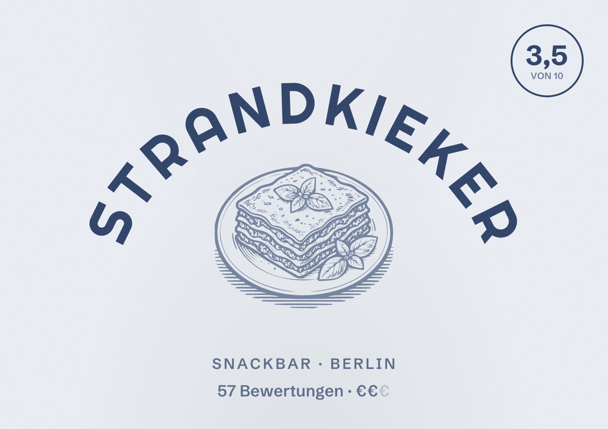 Illustriertes Poster von Strandkieker, Snackbar in Berlin: Bewertung 3,5 von 10 aus 57 Bewertungen, Preisniveau €€