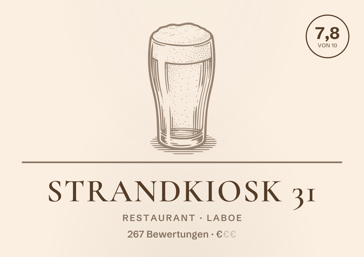 Illustriertes Poster von Strandkiosk 31, Restaurant in Laboe: Bewertung 7,8 von 10 aus 267 Bewertungen, Preisniveau €