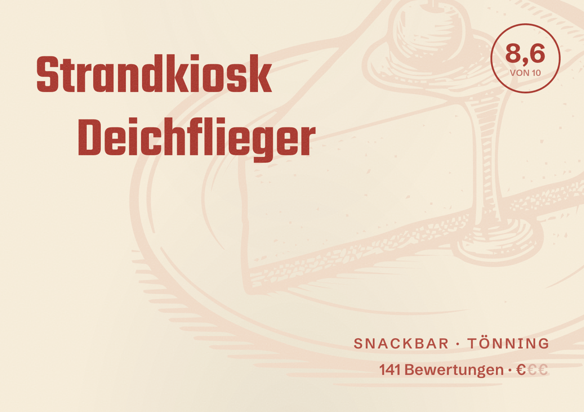 Illustriertes Poster von Strandkiosk Deichflieger, Snackbar in Tönning: Bewertung 8,6 von 10 aus 141 Bewertungen, Preisniveau €