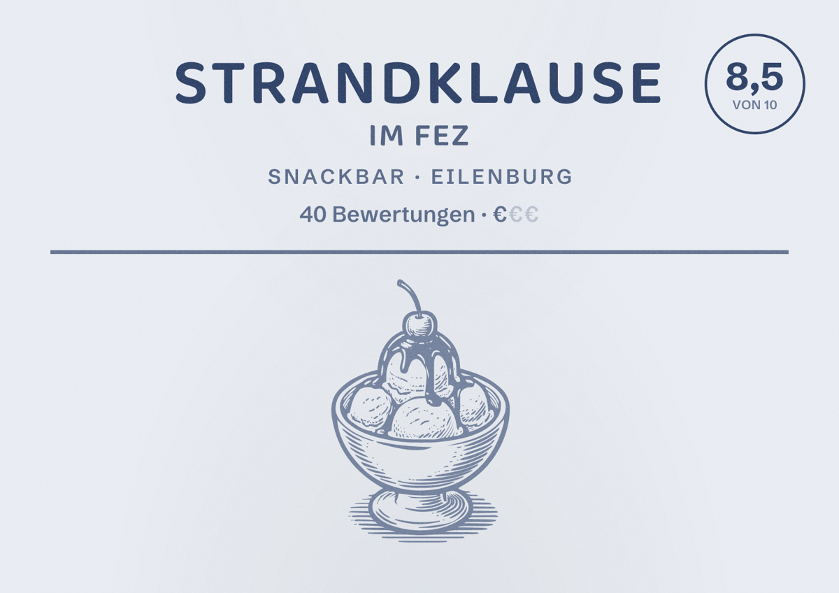 Illustriertes Poster von STRANDKLAUSE im FEZ, Snackbar in Eilenburg: Bewertung 8,5 von 10 aus 40 Bewertungen, Preisniveau €