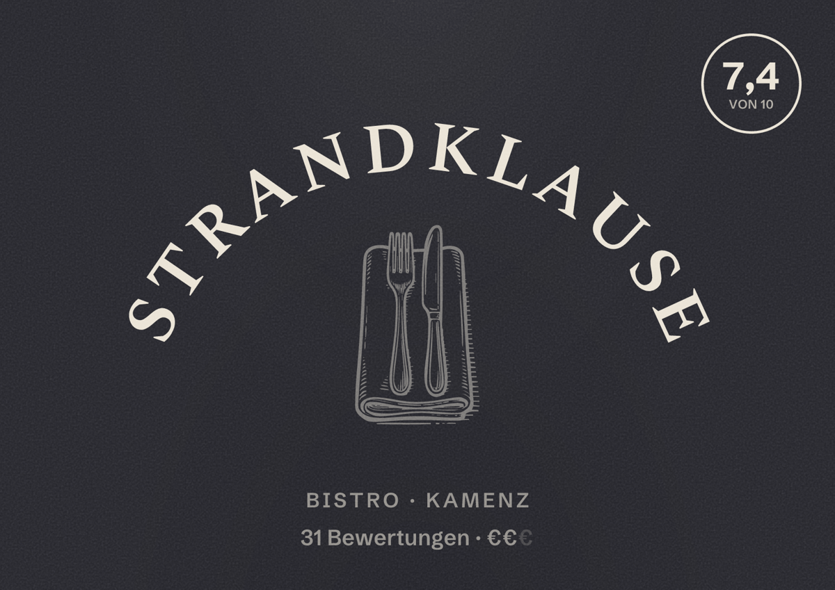 Illustriertes Poster von Strandklause, Bistro in Kamenz: Bewertung 7,4 von 10 aus 31 Bewertungen, Preisniveau €€