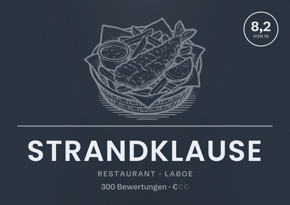 Illustriertes Poster von Strandklause, Restaurant in Laboe: Bewertung 8,2 von 10 aus 300 Bewertungen, Preisniveau €