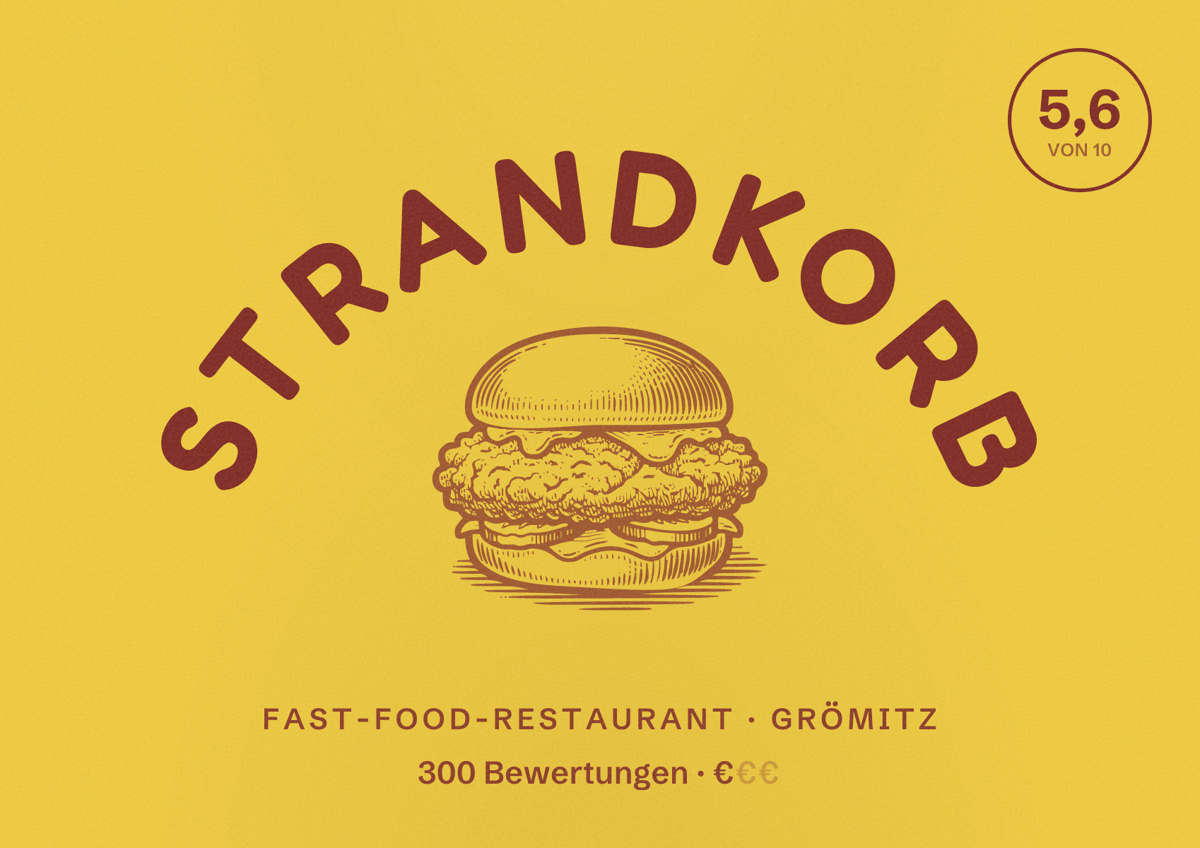 Illustriertes Poster von Strandkorb, Fast-Food-Restaurant in Grömitz: Bewertung 5,6 von 10 aus 300 Bewertungen, Preisniveau €