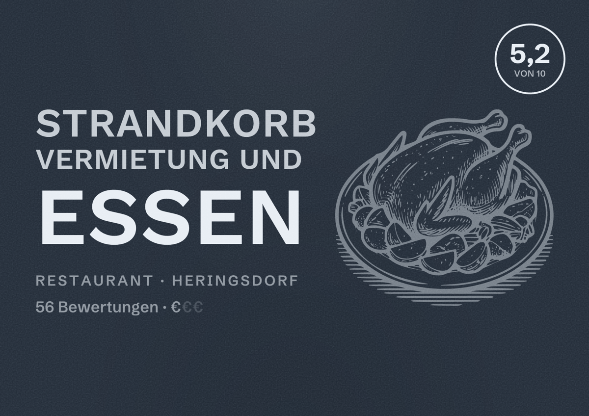 Illustriertes Poster von Strandkorb Vermietung und Essen, Restaurant in Heringsdorf: Bewertung 5,2 von 10 aus 56 Bewertungen, Preisniveau €