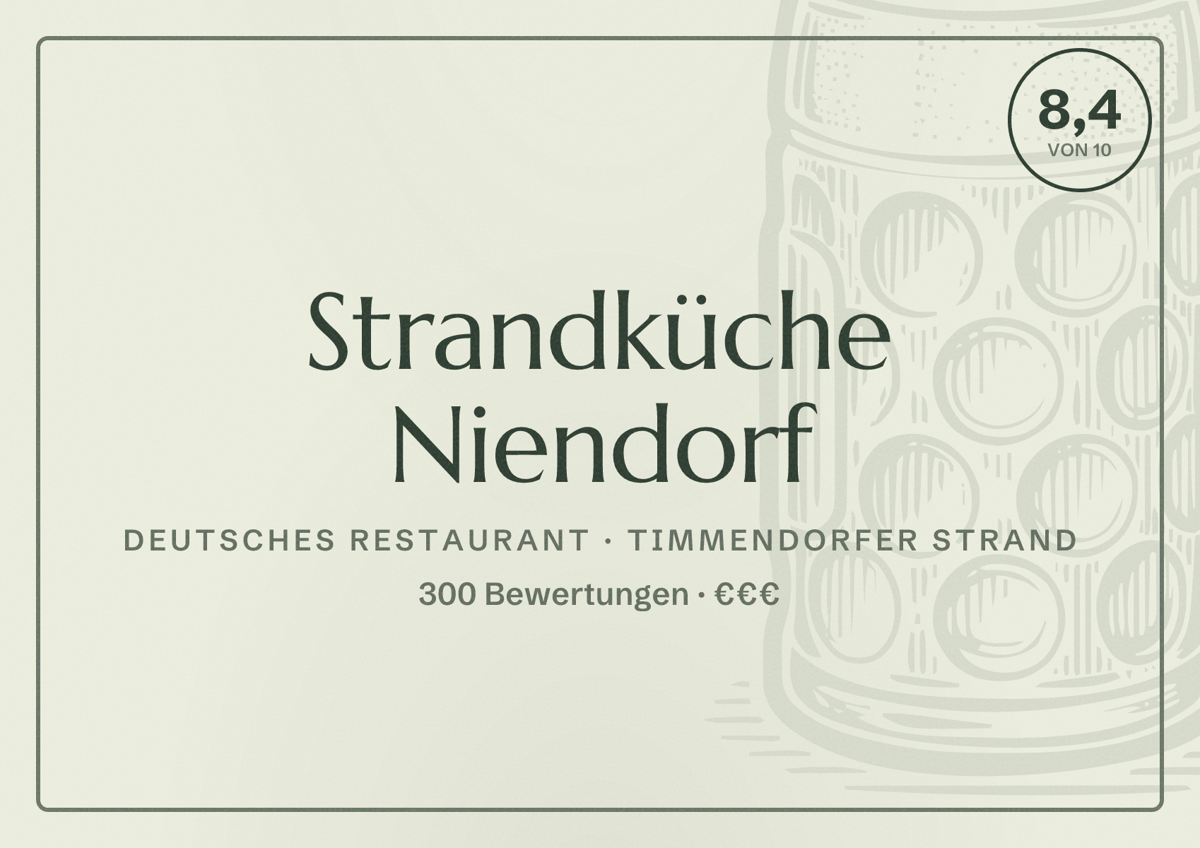 Illustriertes Poster von Strandküche Niendorf, Deutsches Restaurant in Timmendorfer Strand: Bewertung 8,4 von 10 aus 300 Bewertungen, Preisniveau €€€