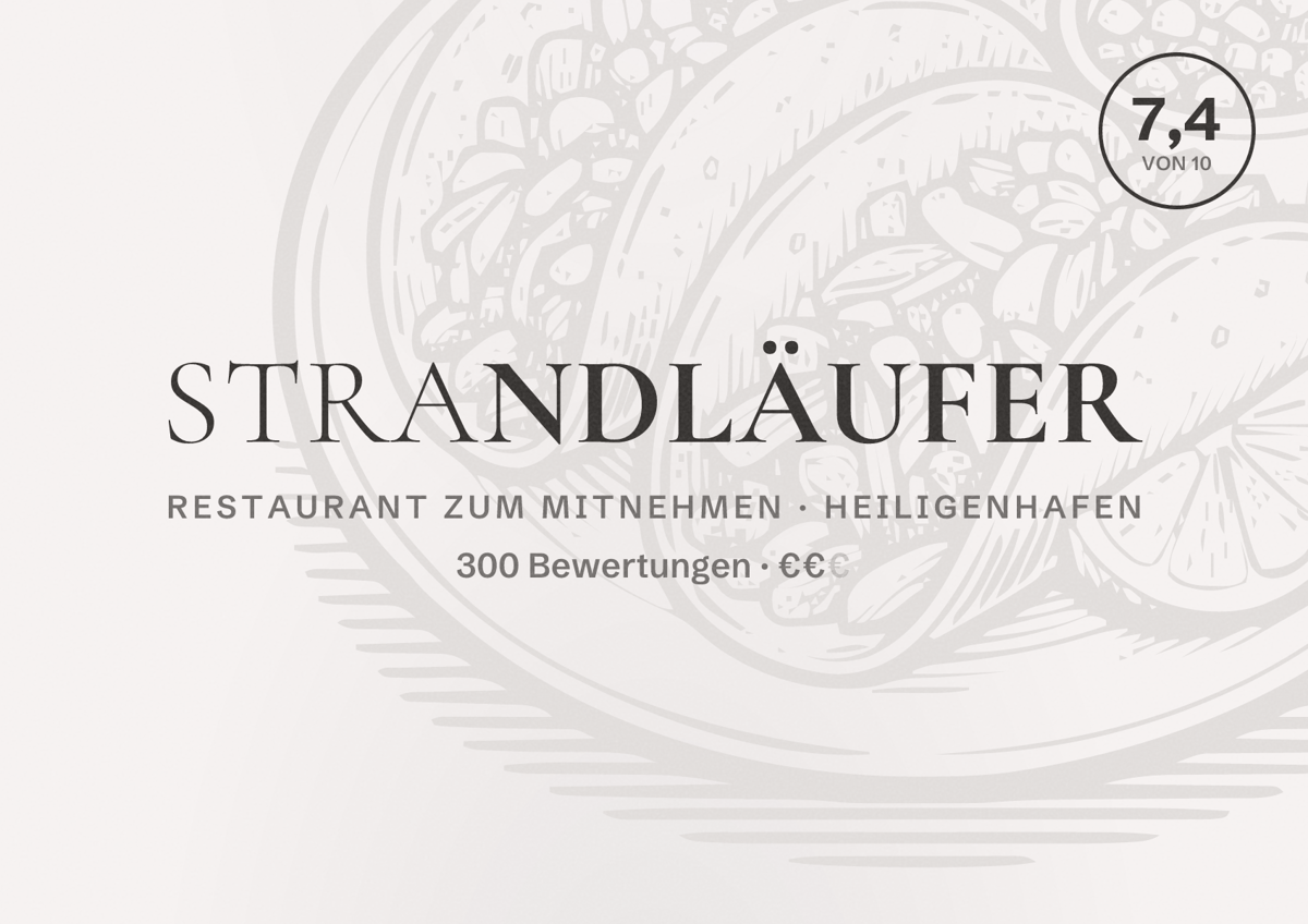 Illustriertes Poster von Strandläufer, Restaurant zum Mitnehmen in Heiligenhafen: Bewertung 7,4 von 10 aus 300 Bewertungen, Preisniveau €€