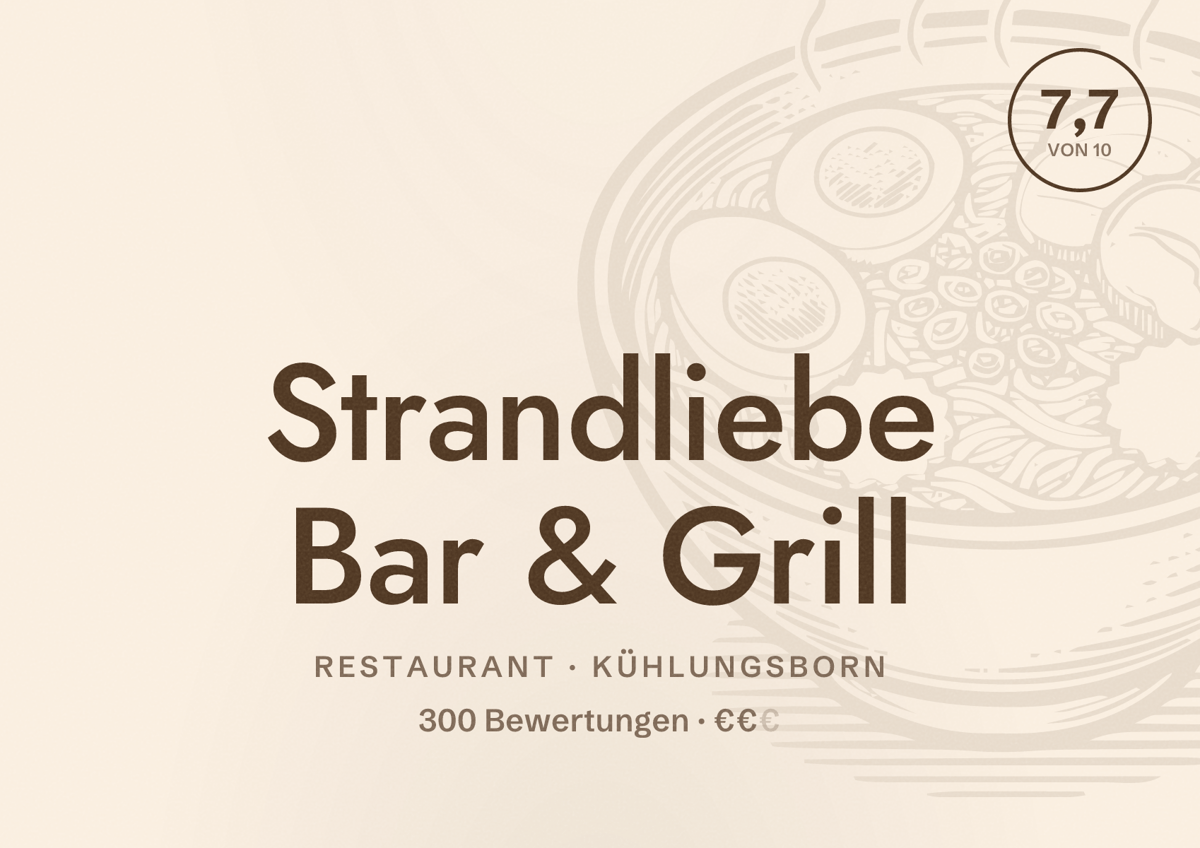 Illustriertes Poster von Strandliebe Bar & Grill, Restaurant in Kühlungsborn: Bewertung 7,7 von 10 aus 300 Bewertungen, Preisniveau €€