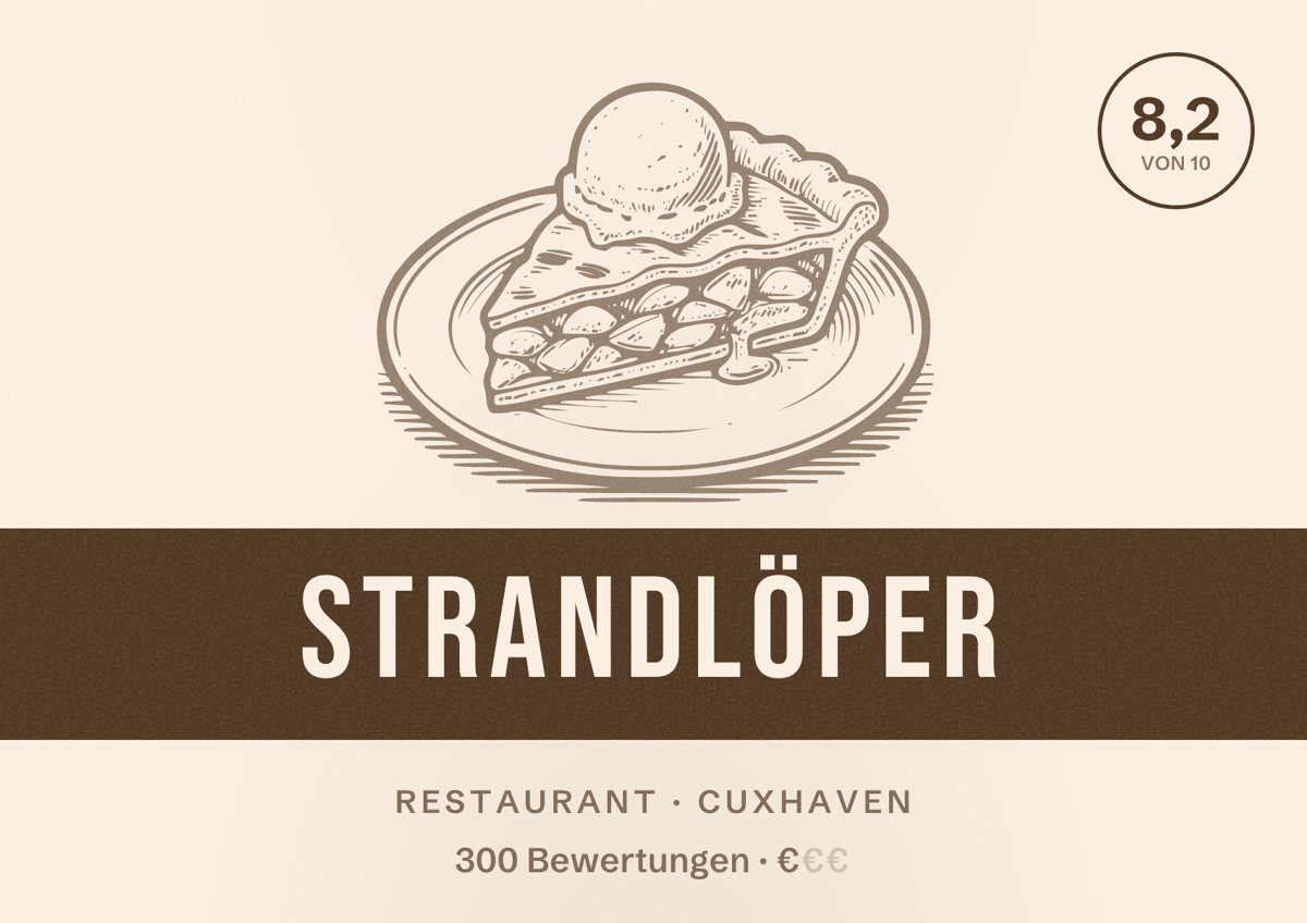 Illustriertes Poster von Strandlöper, Restaurant in Cuxhaven: Bewertung 8,2 von 10 aus 300 Bewertungen, Preisniveau €