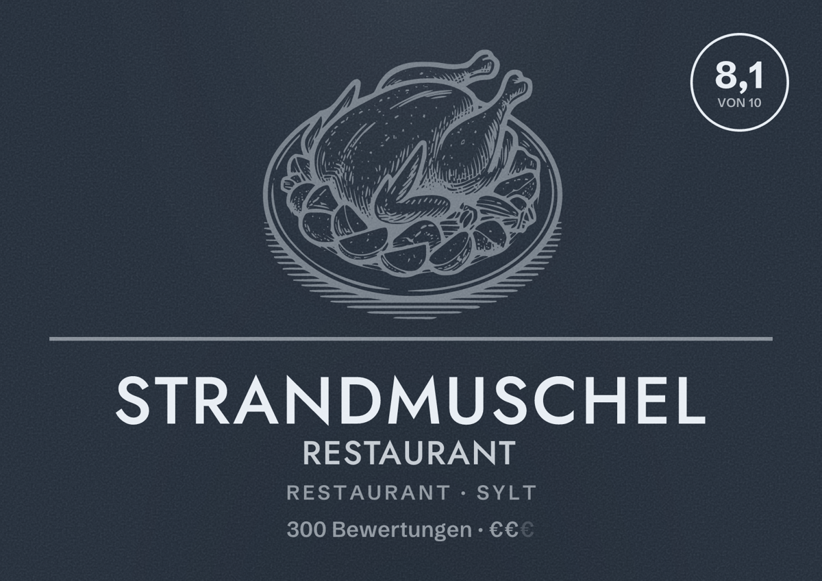 Illustriertes Poster von Strandmuschel Restaurant, Restaurant in Sylt: Bewertung 8,1 von 10 aus 300 Bewertungen, Preisniveau €€