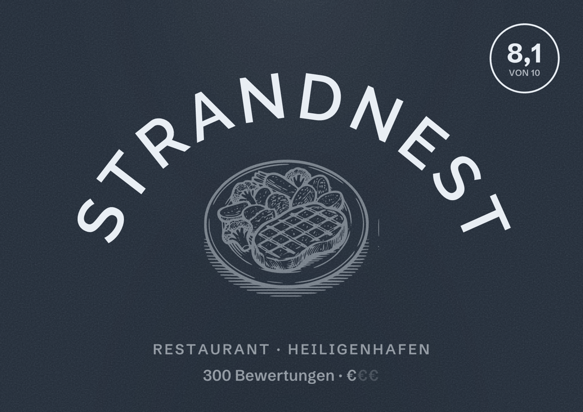Illustriertes Poster von Strandnest, Restaurant in Heiligenhafen: Bewertung 8,1 von 10 aus 300 Bewertungen, Preisniveau €