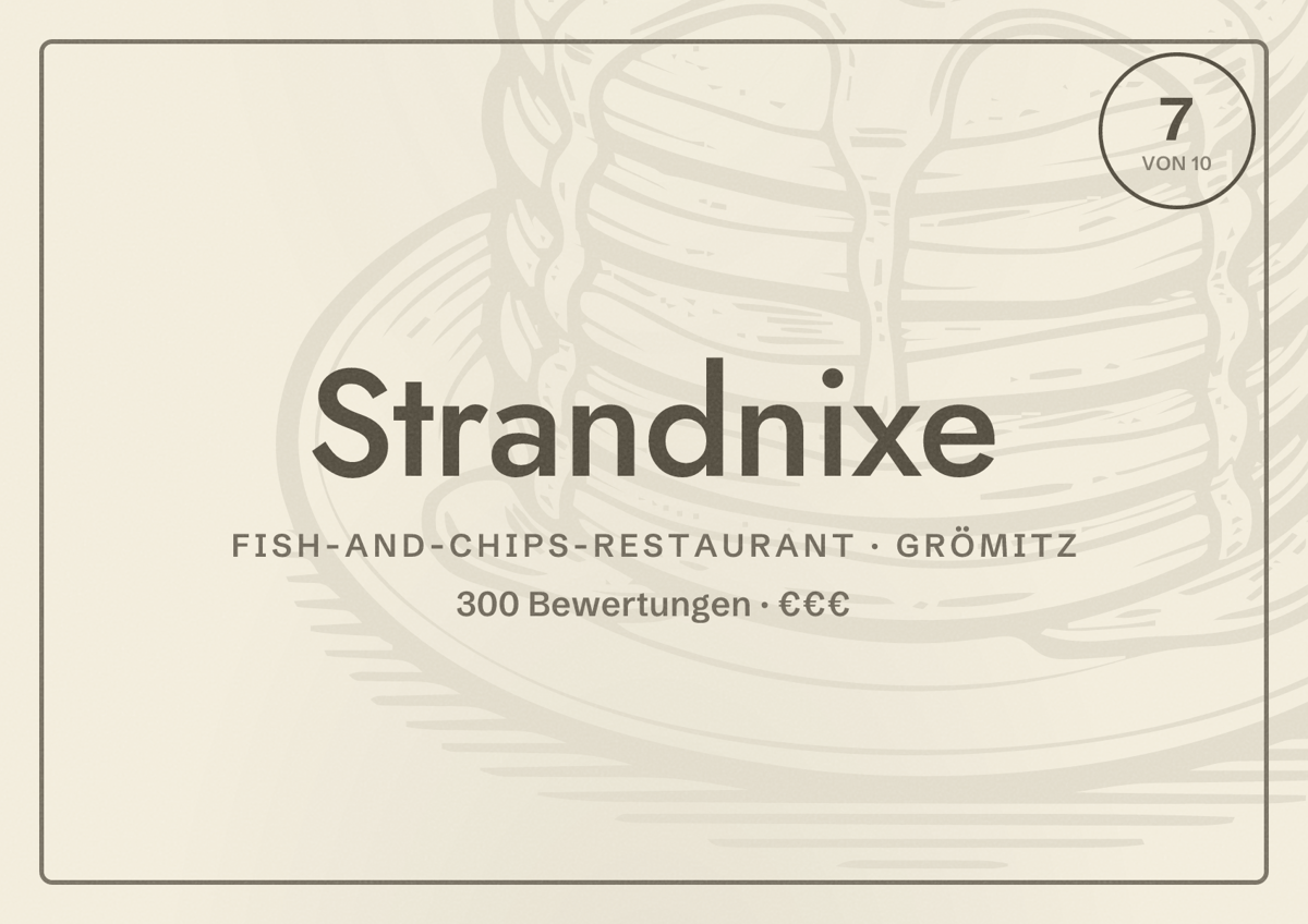 Illustriertes Poster von Strandnixe, Fish-and-Chips-Restaurant in Grömitz: Bewertung 7 von 10 aus 300 Bewertungen, Preisniveau €€€