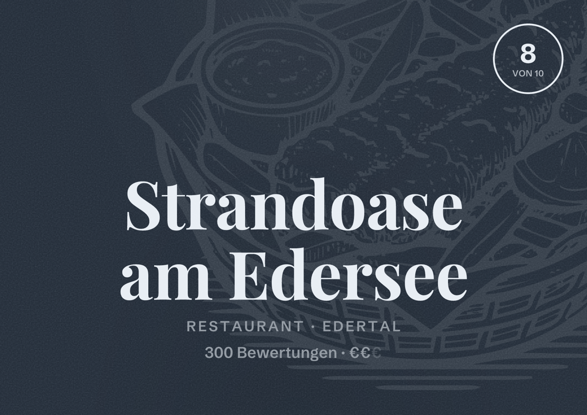 Illustriertes Poster von Strandoase am Edersee, Restaurant in Edertal: Bewertung 8 von 10 aus 300 Bewertungen, Preisniveau €€