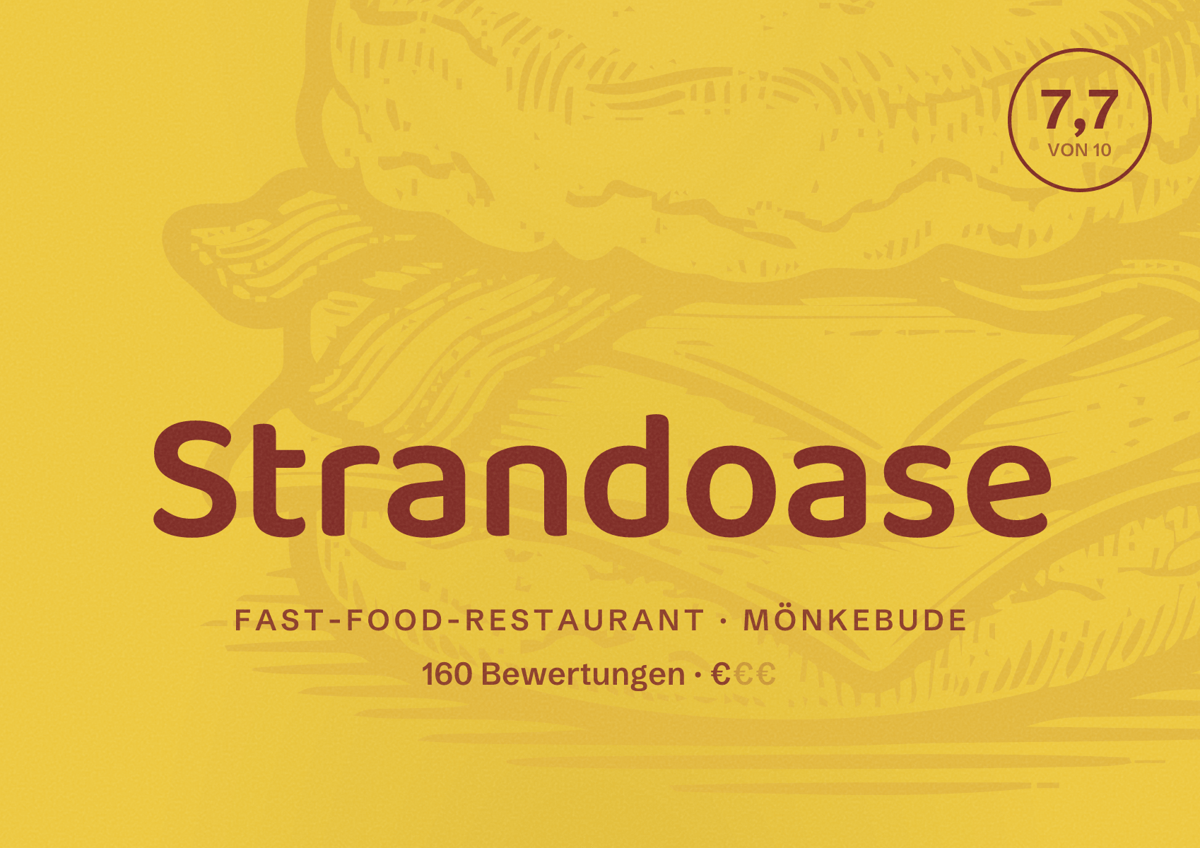 Illustriertes Poster von Strandoase, Fast-Food-Restaurant in Mönkebude: Bewertung 7,7 von 10 aus 160 Bewertungen, Preisniveau €